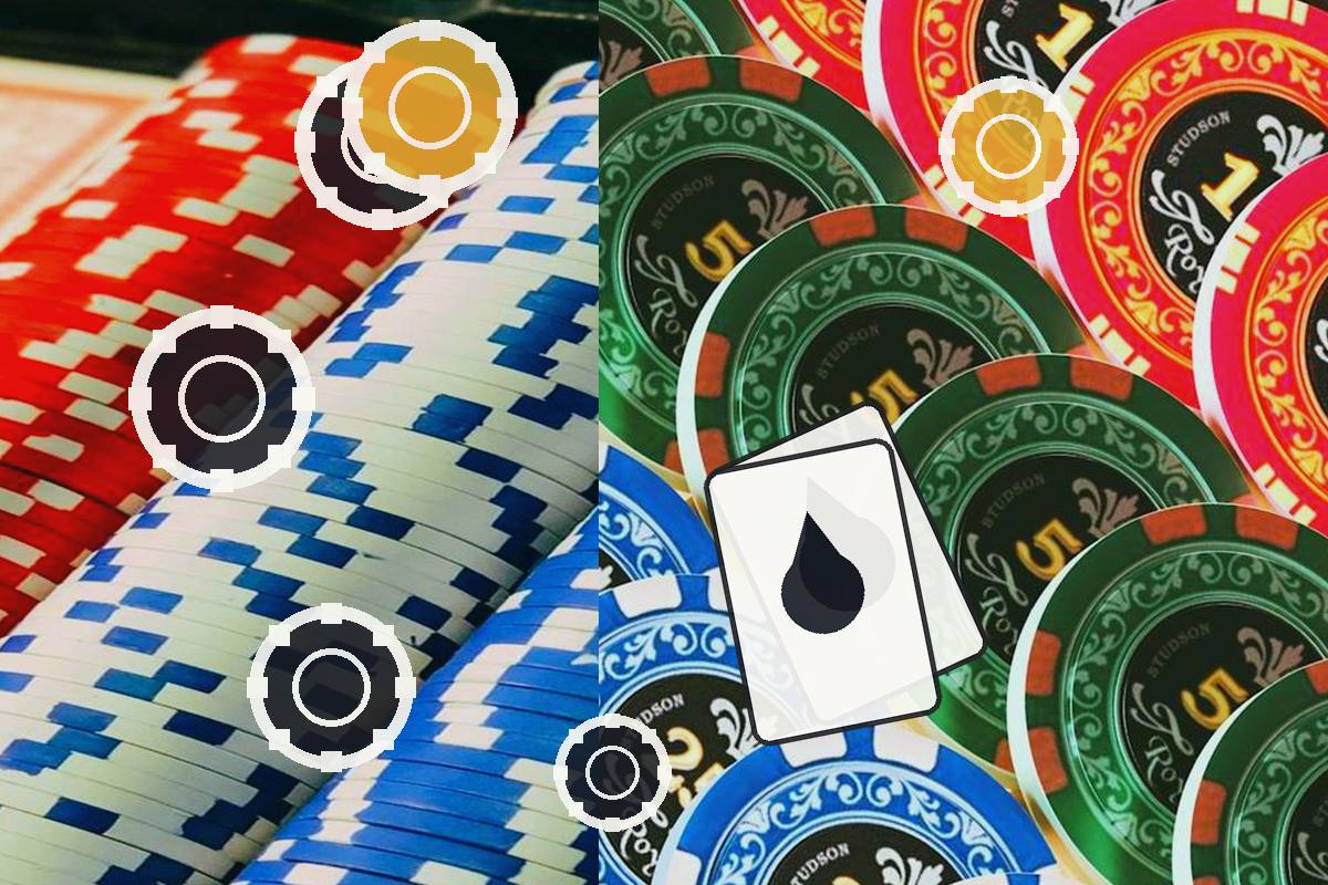 Pile of red, blue, and green casino chips with white target marks and a playing card featuring a black droplet symbol on top