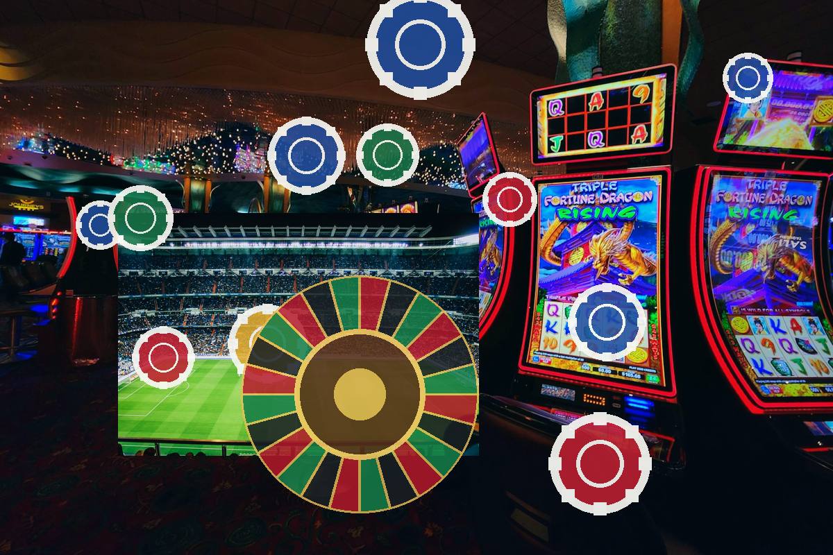 Casino interior with a large roulette wheel, slot machines, and a bright stadium-style screen in the background.