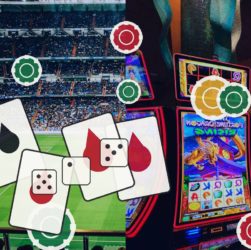Split image showing a football stadium on the left and casino slot machines on the right, with large overlay playing cards, dice, and poker chips.