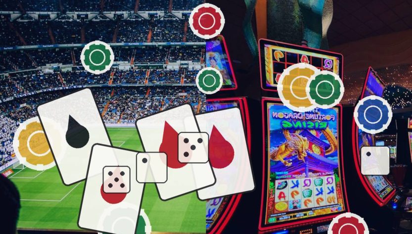 Split image showing a football stadium on the left and casino slot machines on the right, with large overlay playing cards, dice, and poker chips.
