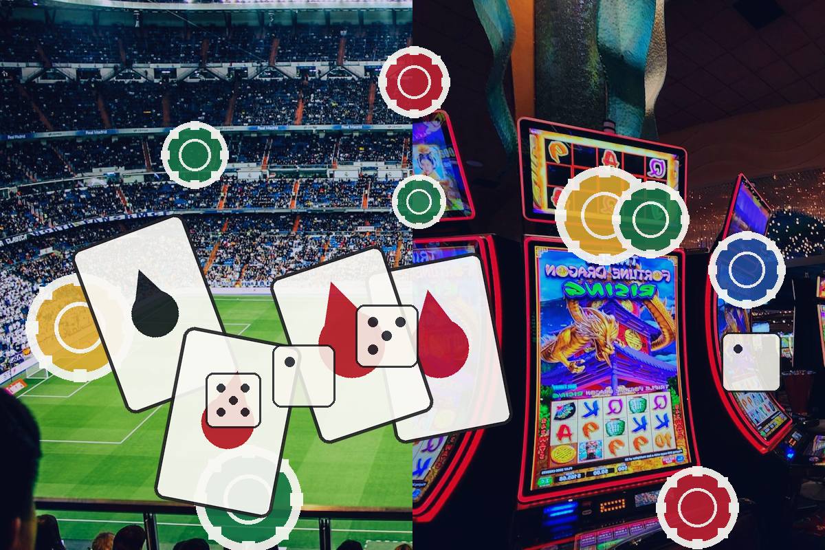 Split image showing a football stadium on the left and casino slot machines on the right, with large overlay playing cards, dice, and poker chips.