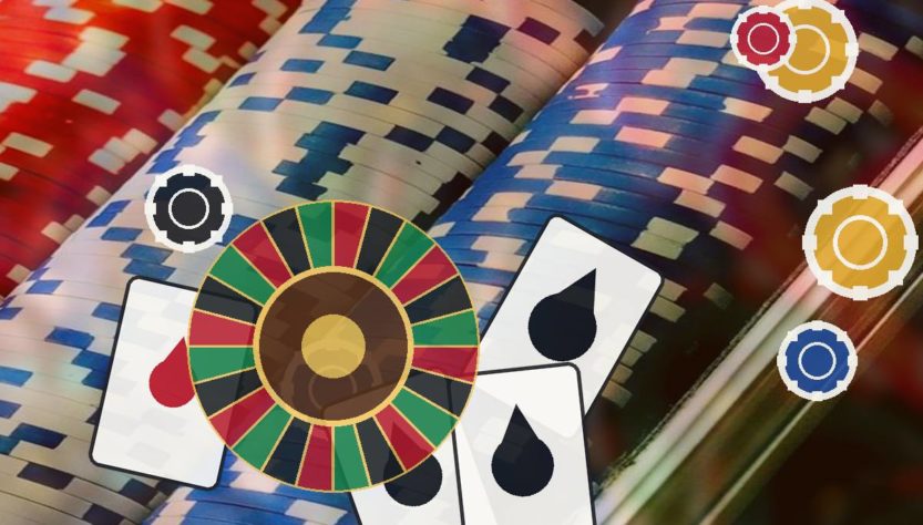 Hazbet-Giris-Yapamiyorumjpg - Hazbet Giriş Sitesi, Güncel Hazbet sayfası Casino scene featuring a colorful roulette wheel, stacked poker chips, and playing cards on a blurred background.