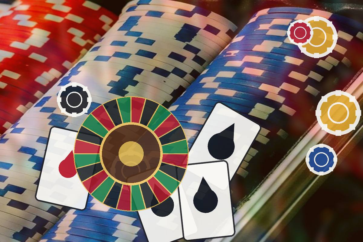 Casino scene featuring a colorful roulette wheel, stacked poker chips, and playing cards on a blurred background.