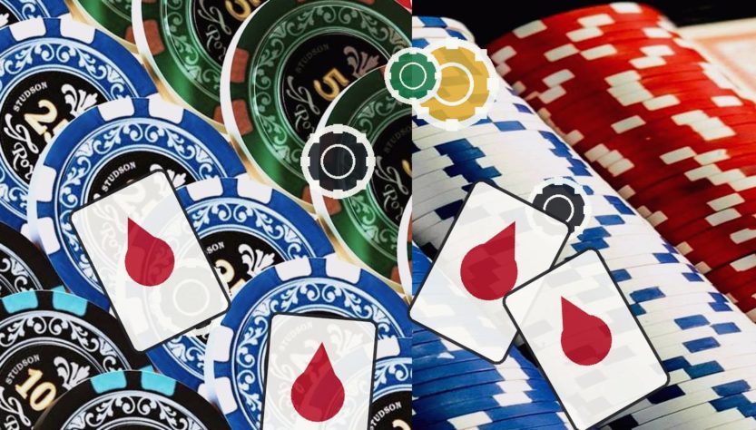 Hazbet-Guncel-Adres-Degisikligijpg - Hazbet Giriş Sitesi, Güncel Hazbet sayfası Colorful casino chips piled with two playing cards showing red teardrop symbols, suggesting gambling risk.