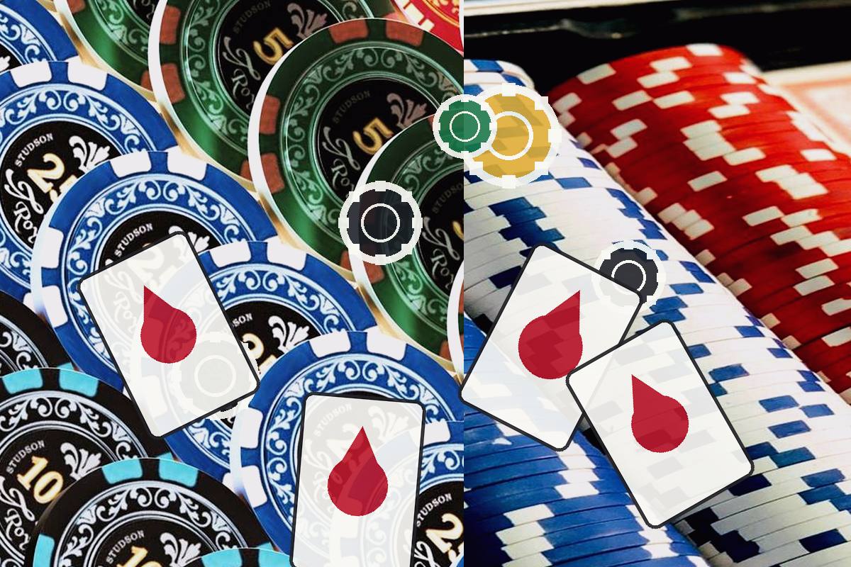Colorful casino chips piled with two playing cards showing red teardrop symbols, suggesting gambling risk.
