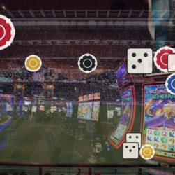 Casino arcade with slot machines and neon lights, overlaid by dice and poker chip icons
