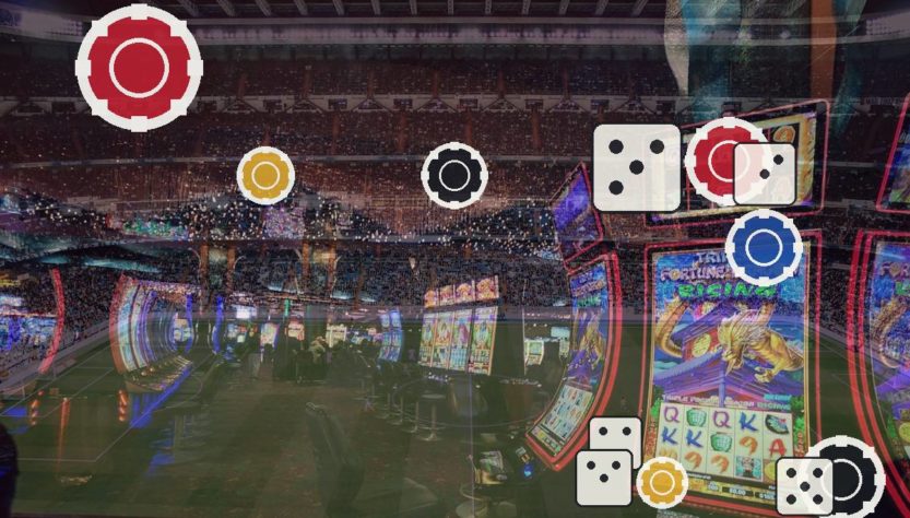 Hazbet-Guncel-Erisim-Adresijpg - Hazbet Giriş Sitesi, Güncel Hazbet sayfası Casino arcade with slot machines and neon lights, overlaid by dice and poker chip icons