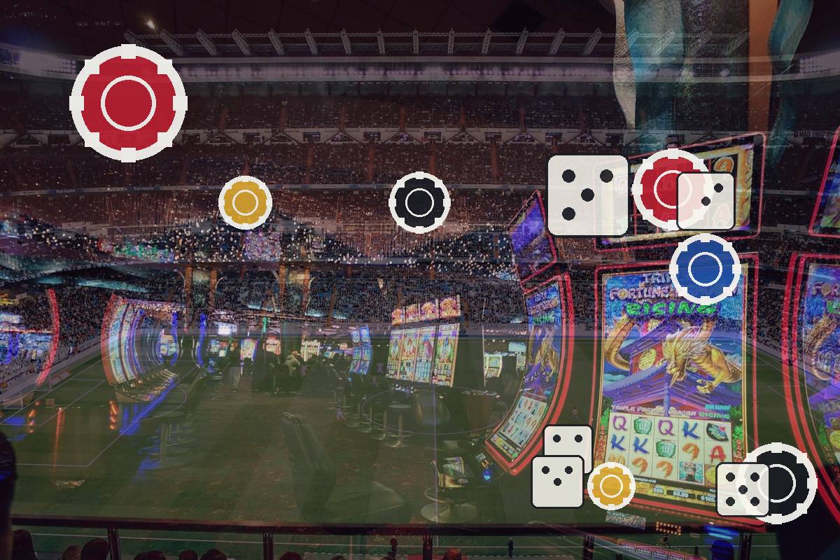Casino arcade with slot machines and neon lights, overlaid by dice and poker chip icons