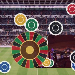 Stadium scene with a large roulette wheel and casino chips overlaid, signaling sports betting.
