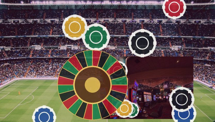 Hazbet-Son-Giris-Adresijpg - Hazbet Giriş Sitesi, Güncel Hazbet sayfası Stadium scene with a large roulette wheel and casino chips overlaid, signaling sports betting.