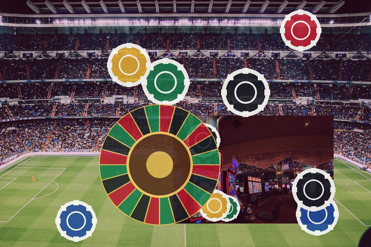 Stadium scene with a large roulette wheel and casino chips overlaid, signaling sports betting.