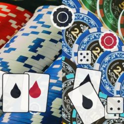 Split collage of colorful poker chips and playing cards with a dice icon, conveying a casino gambling theme.