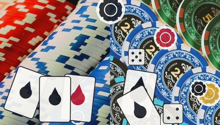 Hazbet-Yeni-Giris-Adresi-Nasil-Bulunurjpg - Hazbet Giriş Sitesi, Güncel Hazbet sayfası Split collage of colorful poker chips and playing cards with a dice icon, conveying a casino gambling theme.