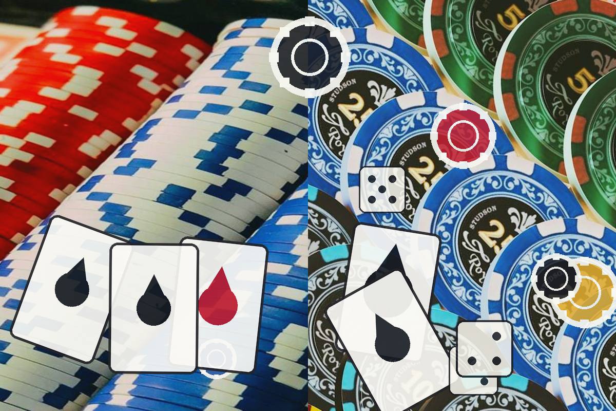 Split collage of colorful poker chips and playing cards with a dice icon, conveying a casino gambling theme.